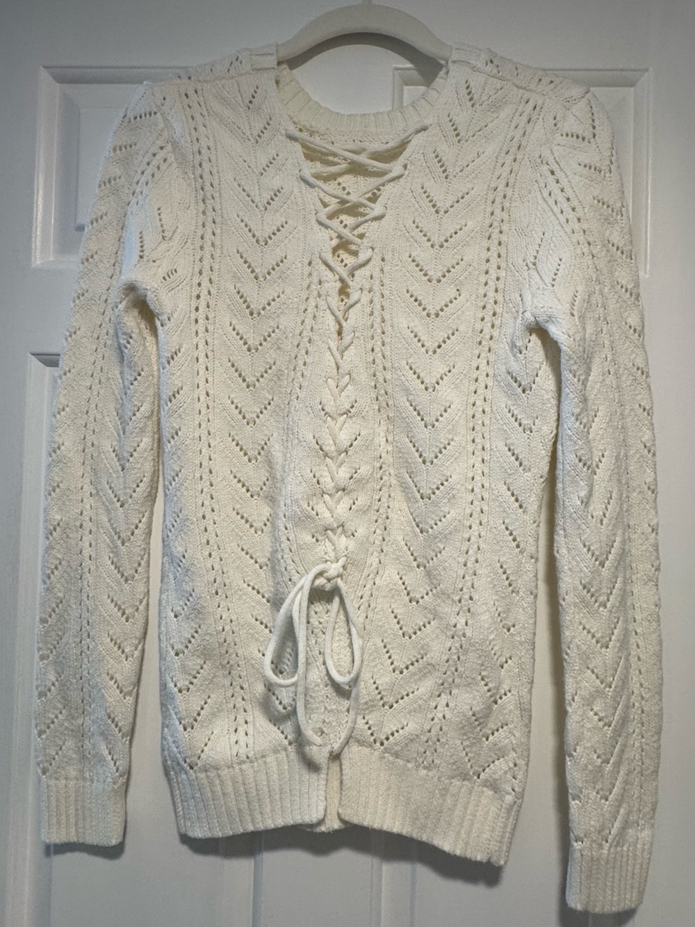 Tularosa Ivory Lace-Up Pointelle Knit Sweater Size Medium